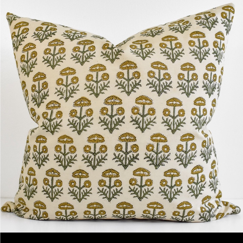 Floral Block Print Accent Pillow - Cream, Mustard & Green